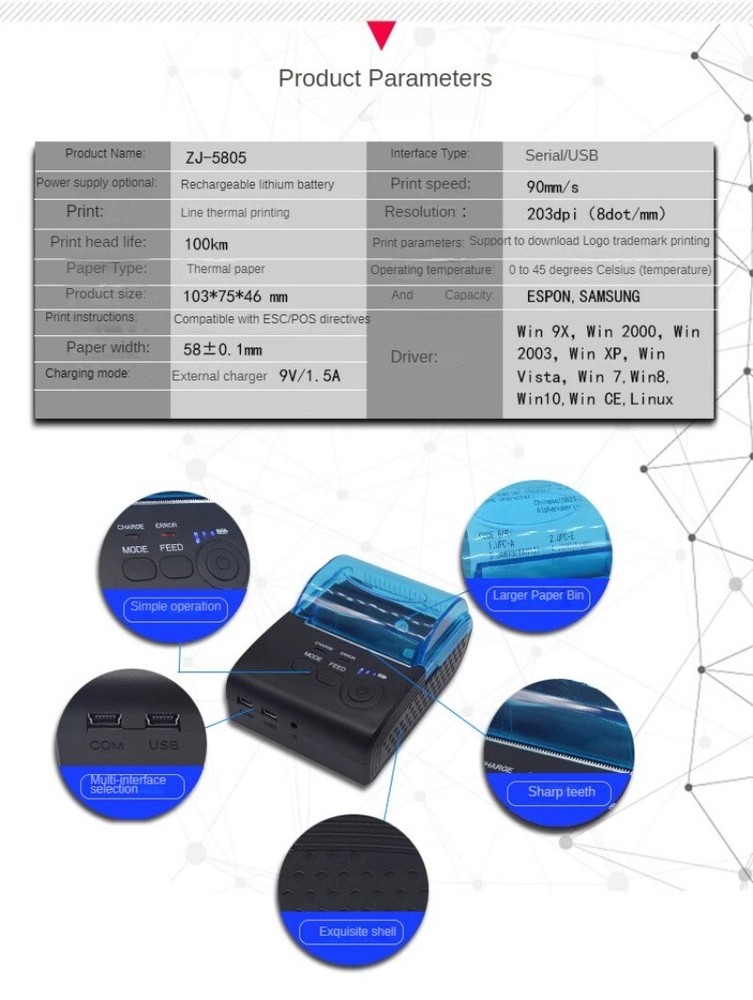Handheld Thermal Receipt Printer 58mm POS Bluetooth USB for Retail Restaurant