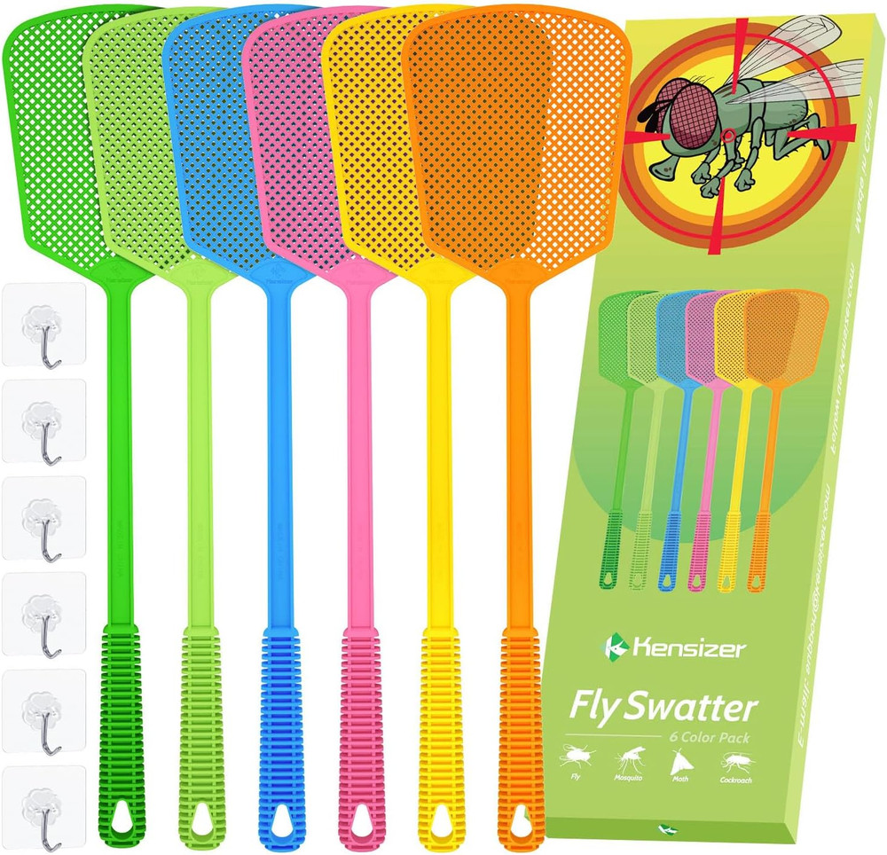 6-Pack Plastic Fly Swatters Heavy Duty, Multi Pack Matamoscas, Jumbo Long Handle