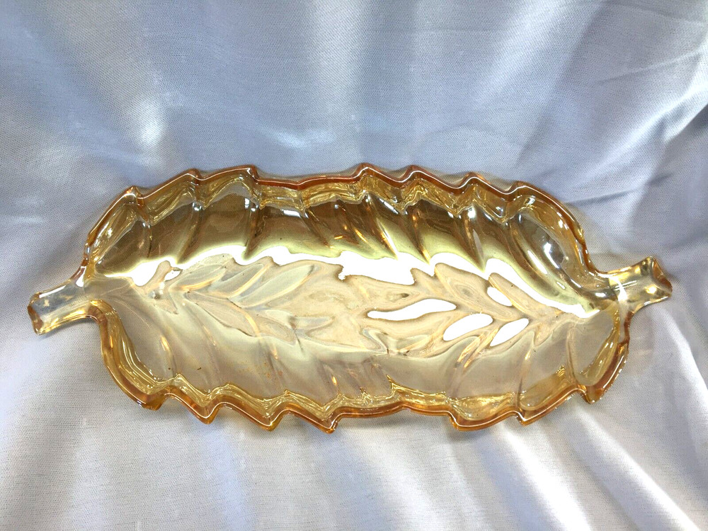 Iridescent Orange/Amber Leaf Shaped Celery Dish Stem Handles