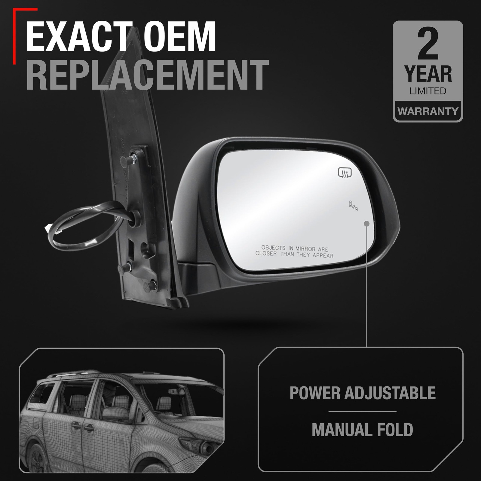 Passenger Mirror for Toyota Sienna - Power, Heated, Blind Spot, Manual Fold -...