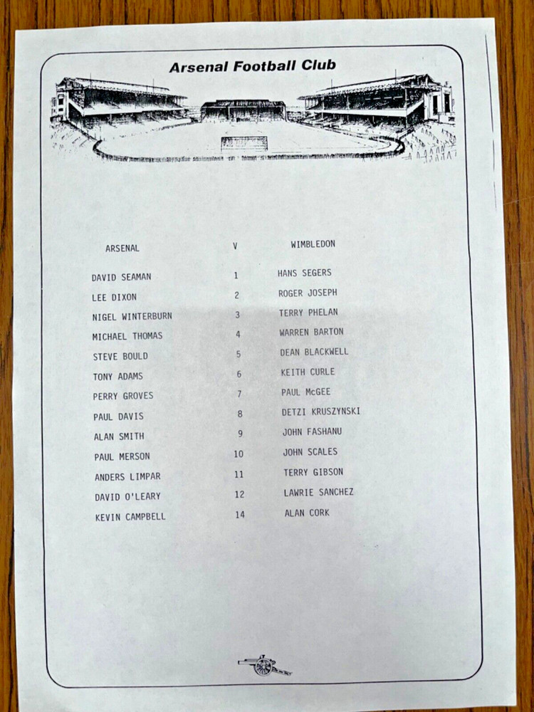 Arsenal vs Wimbledon, Official First Team, Teamsheet