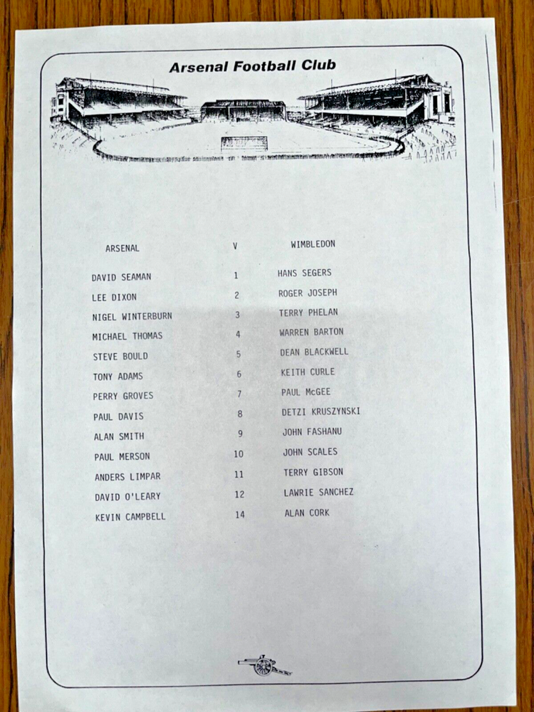 Arsenal vs Wimbledon, Official First Team, Teamsheet