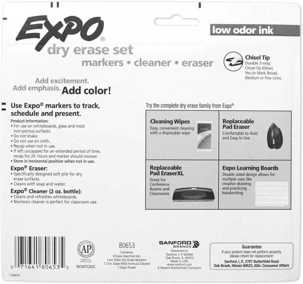 6pcs Low Odor Dry Erase Marker Set with White Board Eraser & Cleaner, Chisel Tip