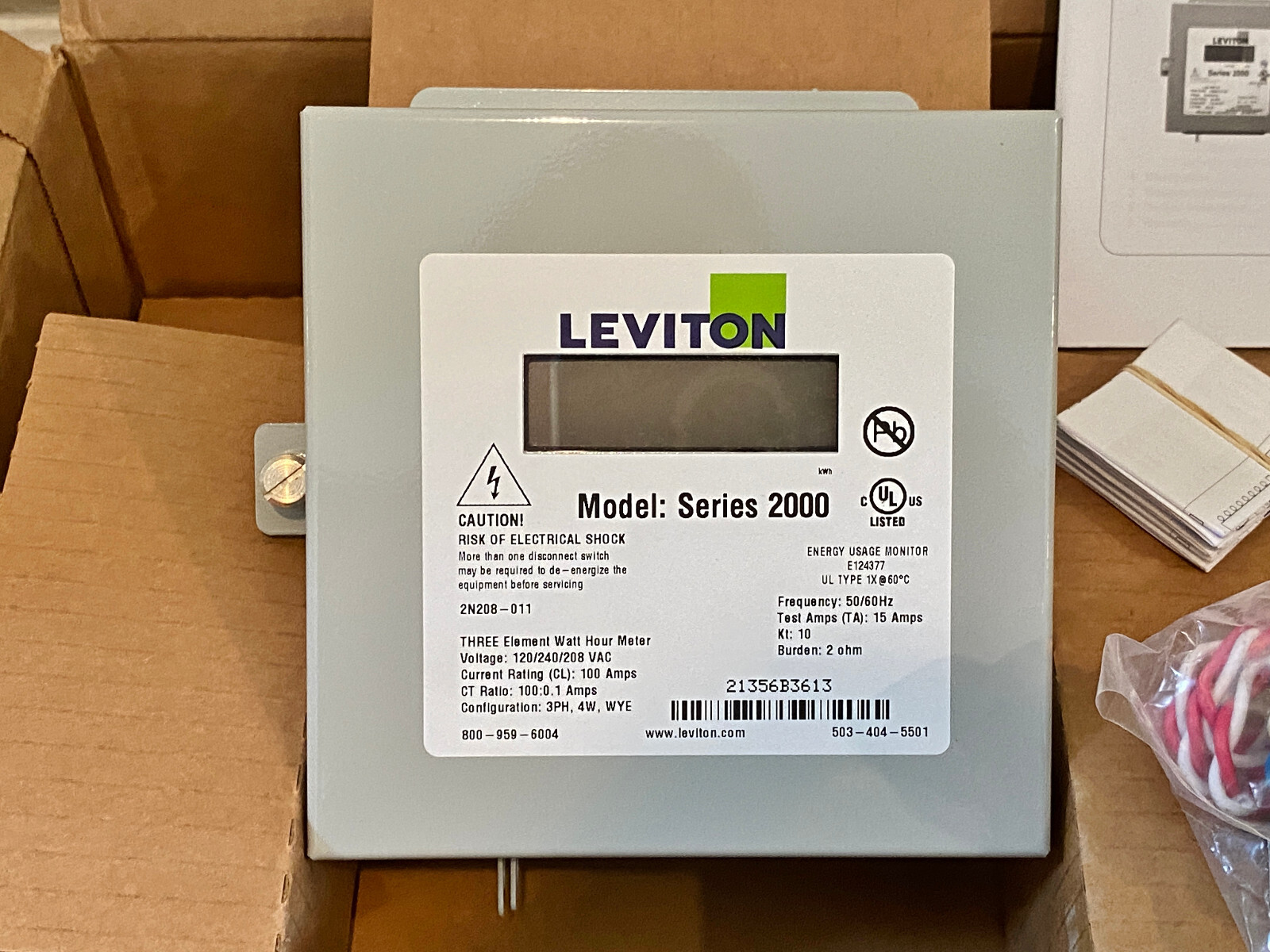 Leviton 2K208-1SW Series 2000 Indoor Usage Meter 3 Solid Core CTs 480V 100A