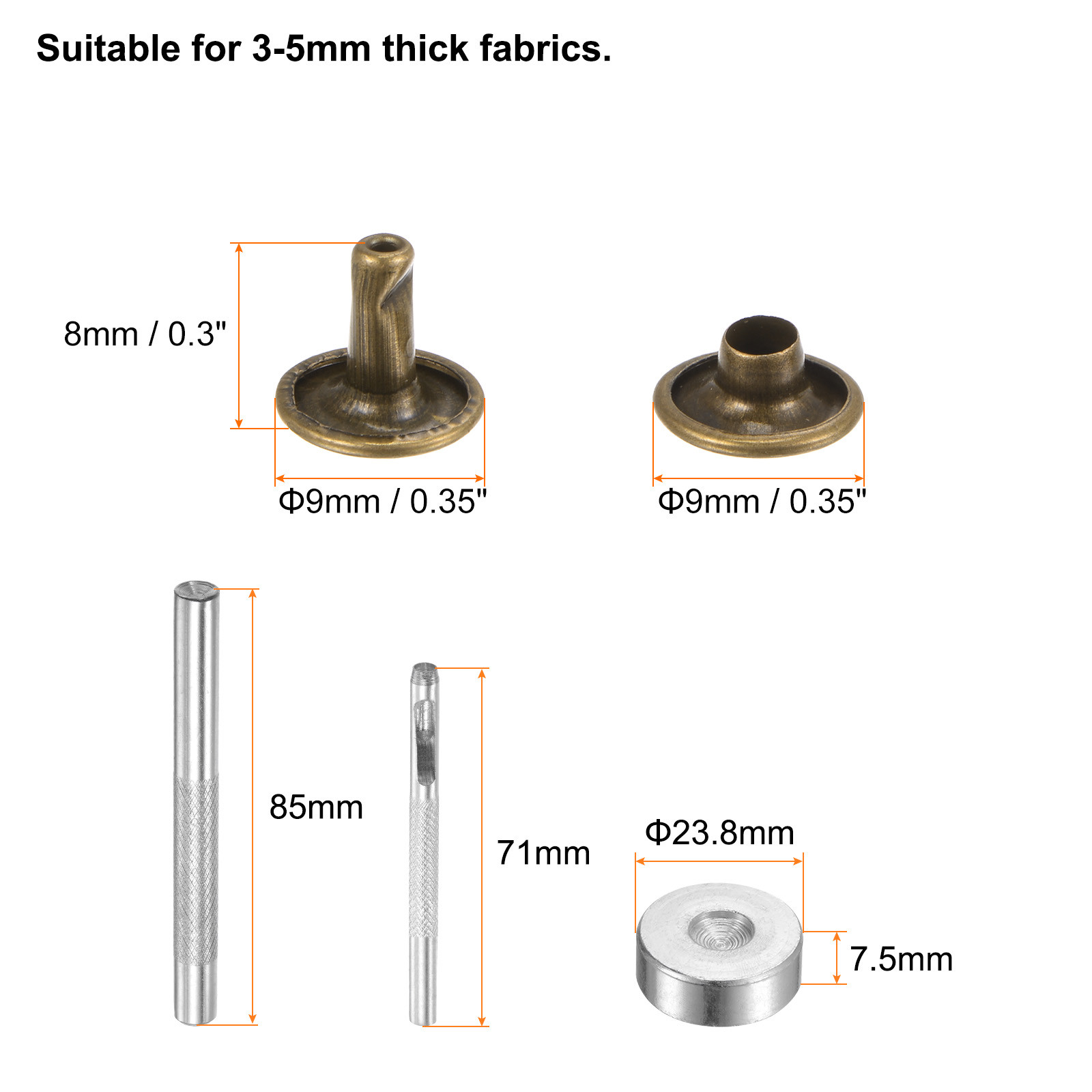 200 Sets Leather Rivets 9mm x 8mm Metal with 3 Setter Tools Bronze