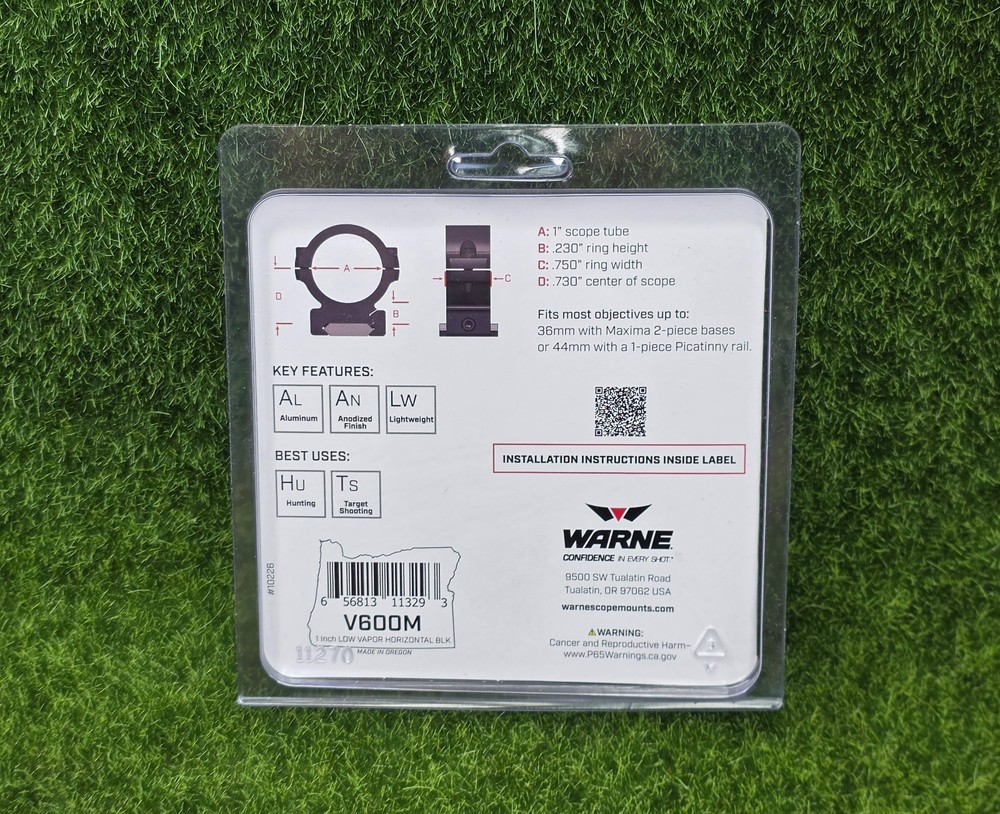 Warne Vapor Horizontal Split 1" Low Rings, 0 MOA, Fixed, Matte Black - V600M