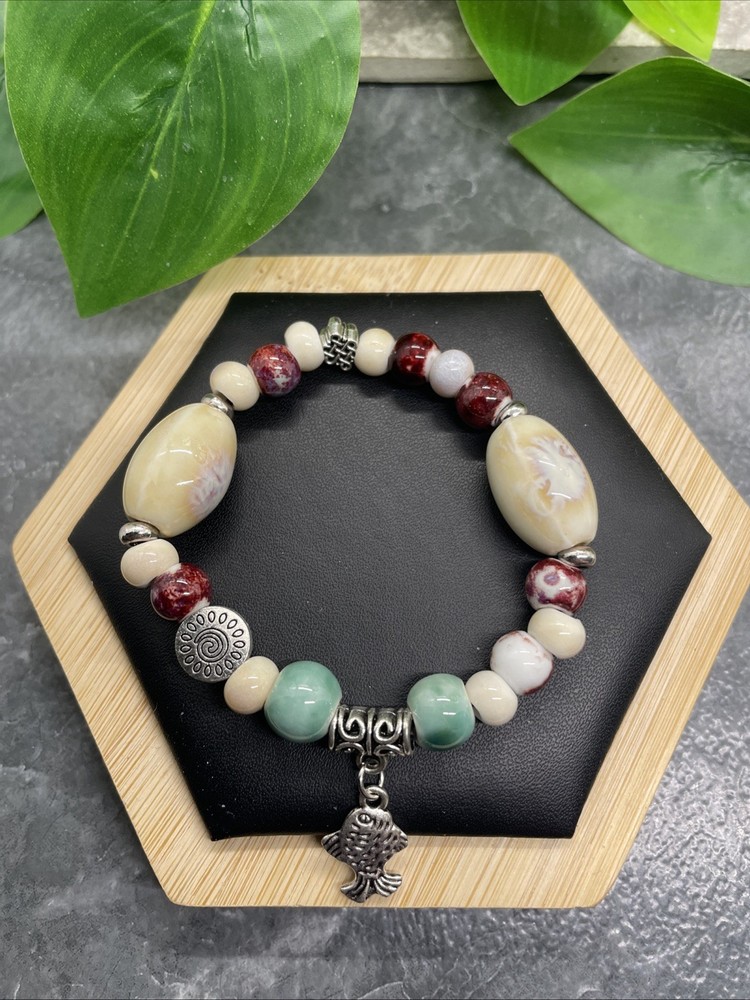 Handmade Ceramic Bead Beaded Stackable 6” Plus Stretch Bracelet New B288
