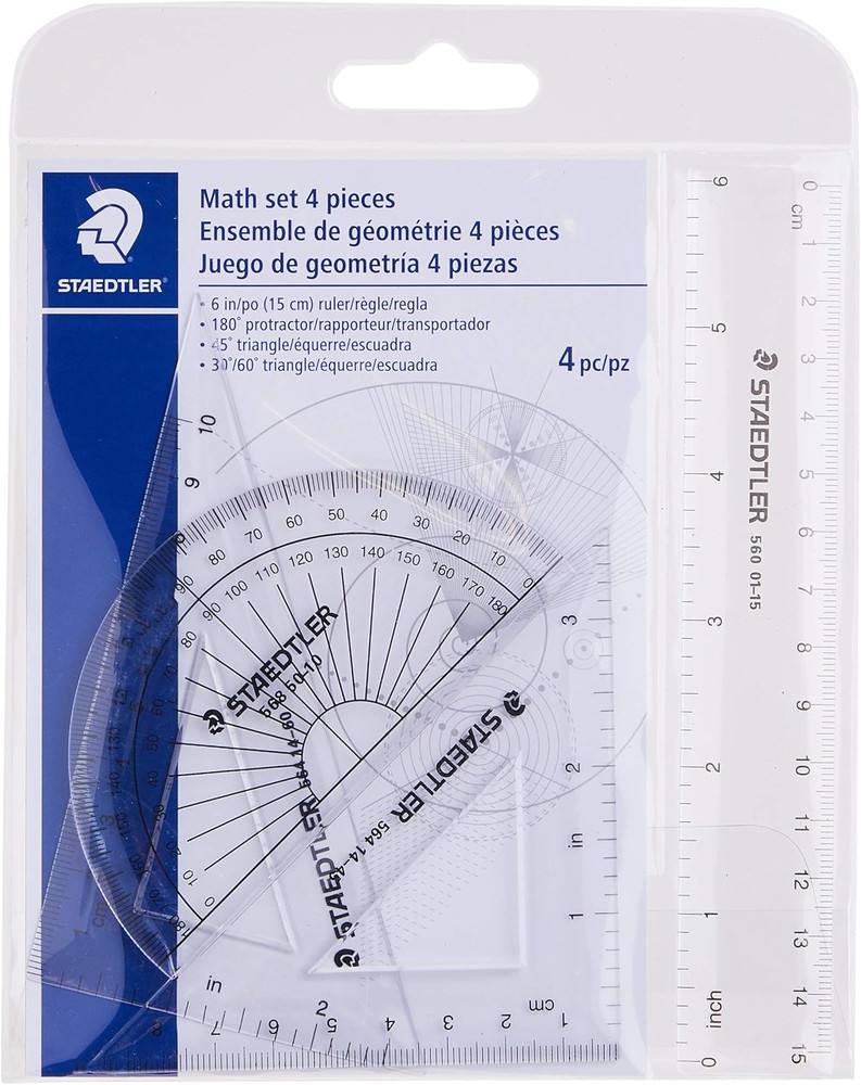 Math Set - 4 Pc Geometry Kit for Students - School Supplies with Clear Protracto