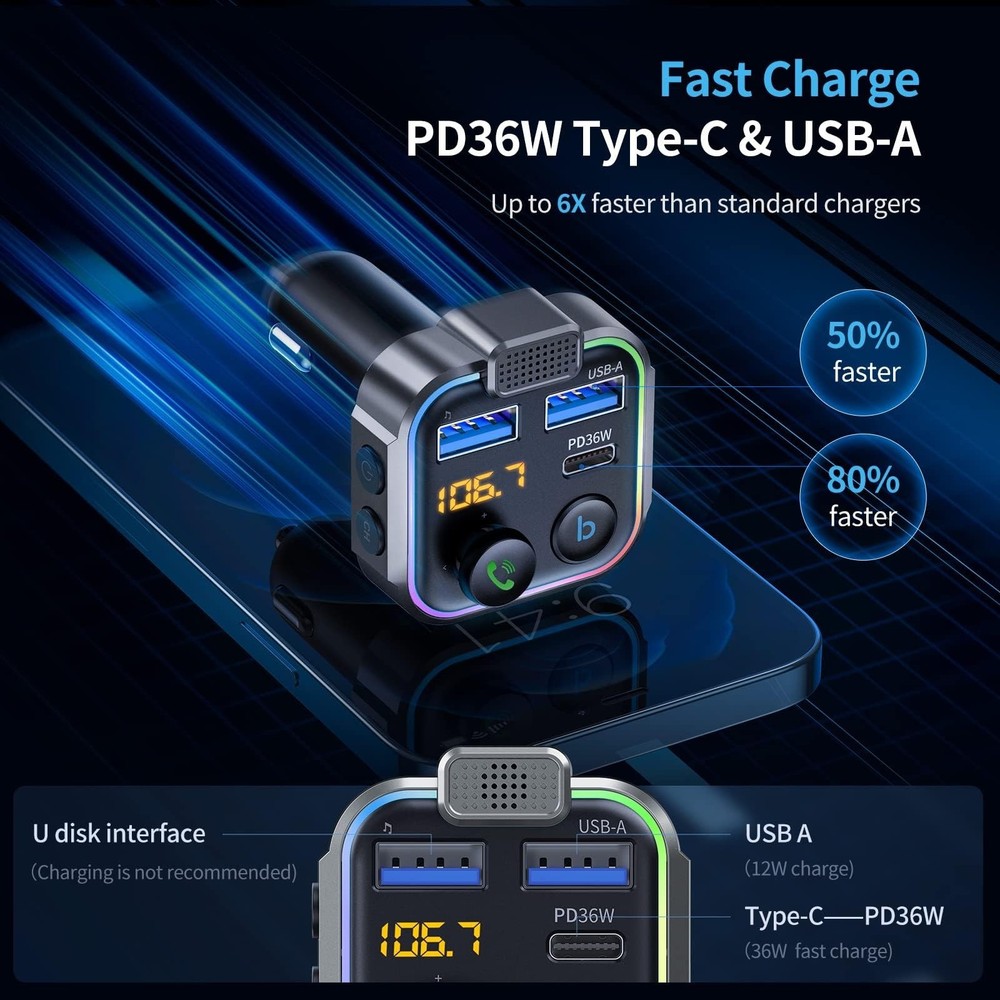 UNBREAKcable Bluetooth FM Transmitter for Car, PD 38W Fast Charging, Wireless...