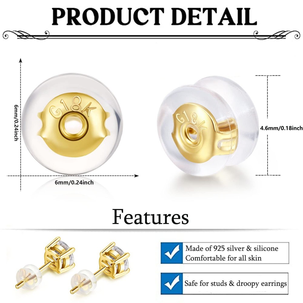 18K Gold Locking Secure Earring Backs for Studs, Silicone Earring Backs Repla