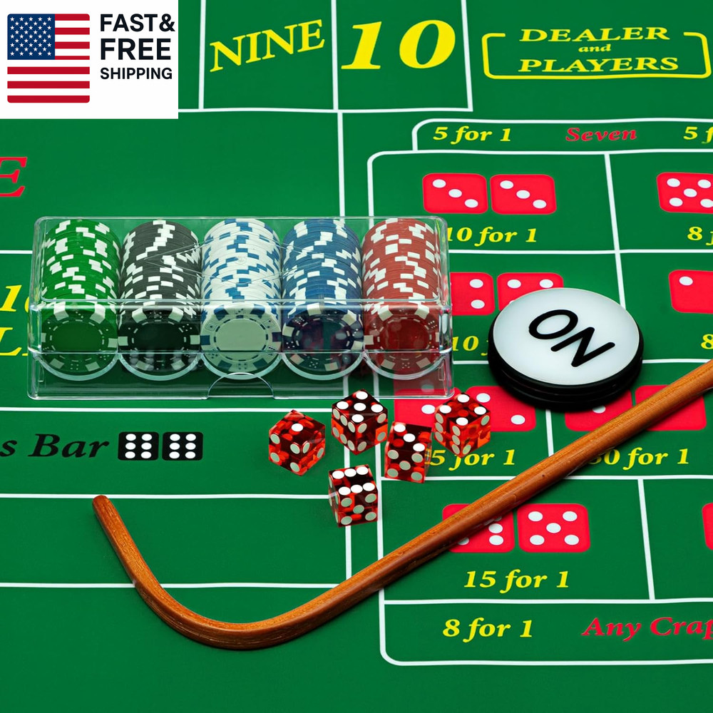 Craps Tabletop Game Set, Includes 35" X 70" Rubber Craps Tabletop Layout Mat, 36