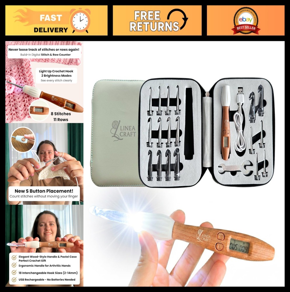 18 Sizes Interchangeable Crochet Hook Set with Light-Up Digital Counter, Ergonom
