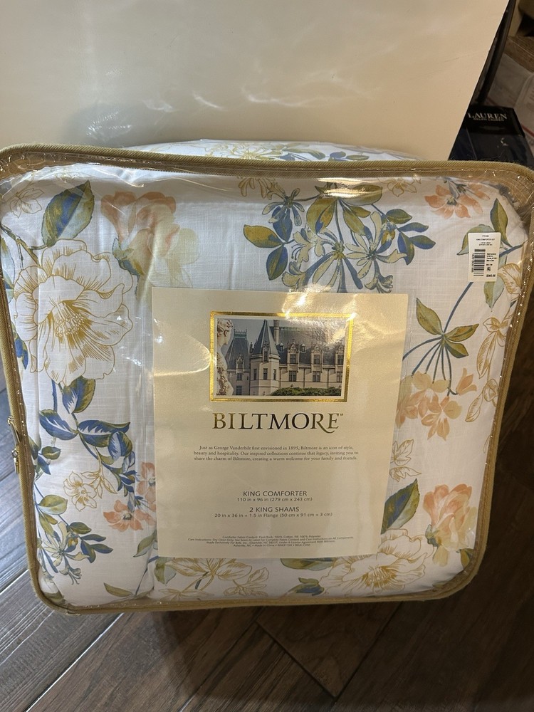 New Biltmore Abloom White Yellow Multi King Comforter & Shams Set 3pc