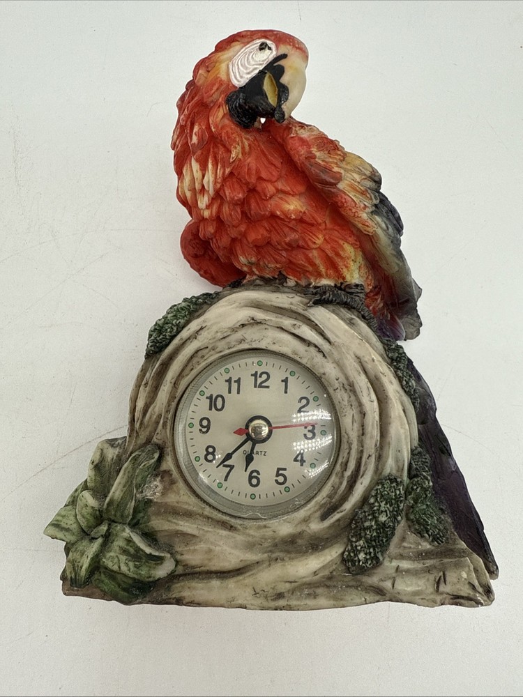 Red Parrot Desk Clock Working Approx 6.5" Tall 5" Wide