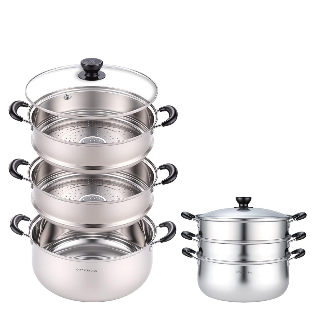 3 Tier Stainless Steel Steamer Pot For Cooking With Stackable Pan Insert, Foo...