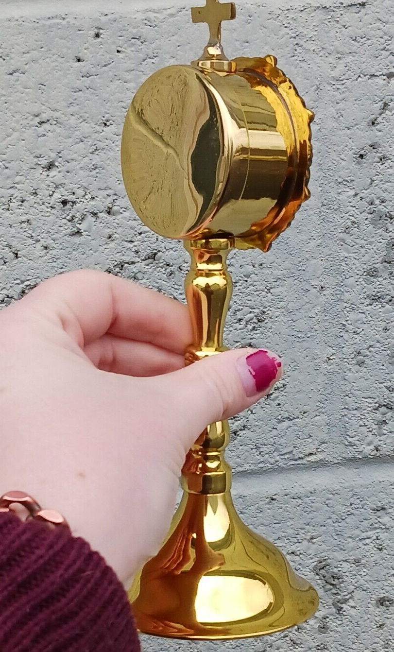 Antiqued Brass Personal Reliquary for Catholic Church or Home Use 8 Inch