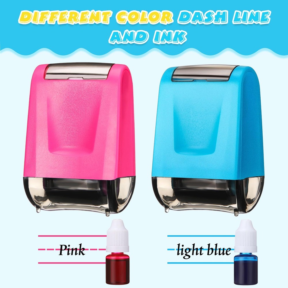2 Pcs Dashed Handwriting Lines Stamps with Pink Blue Inks Refill Practice Sta...