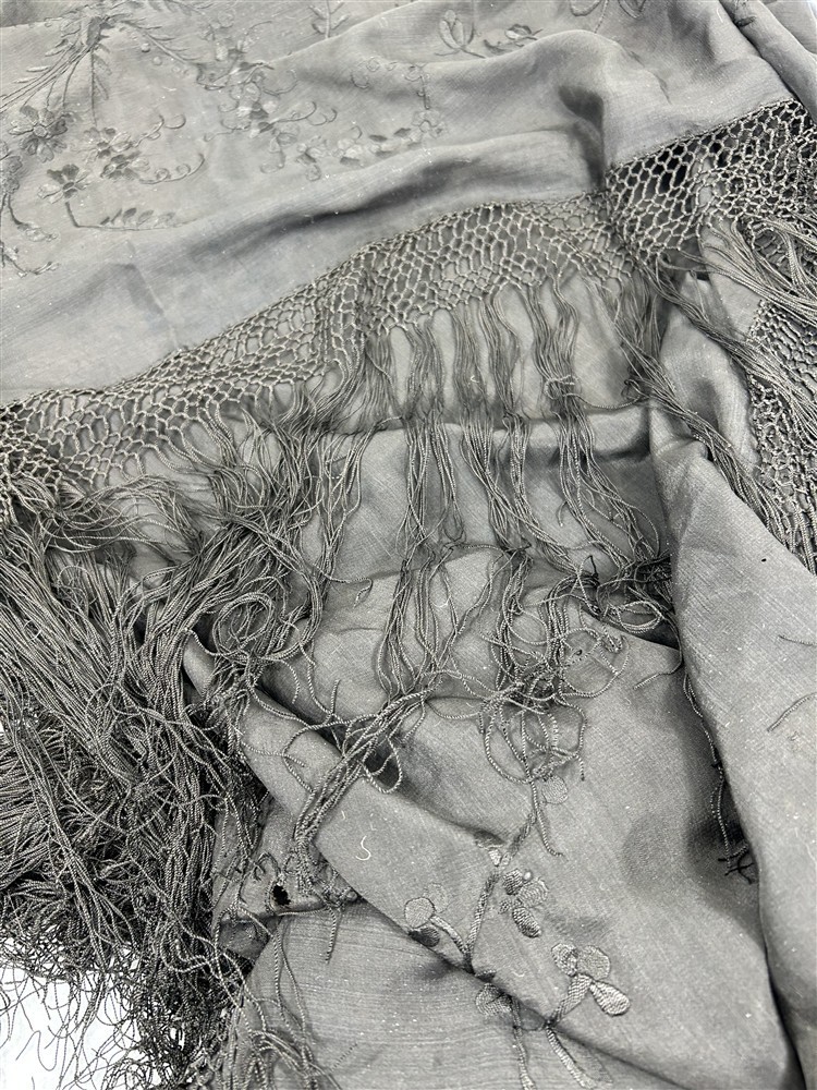 antique silk shawl embroidered black large 62 x 62 fringe 13 in. original 1800