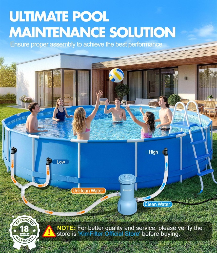 KimFilter Pro Series 1000 GPH Above Ground Pool Filter Pump, Powerful Pool Ca...