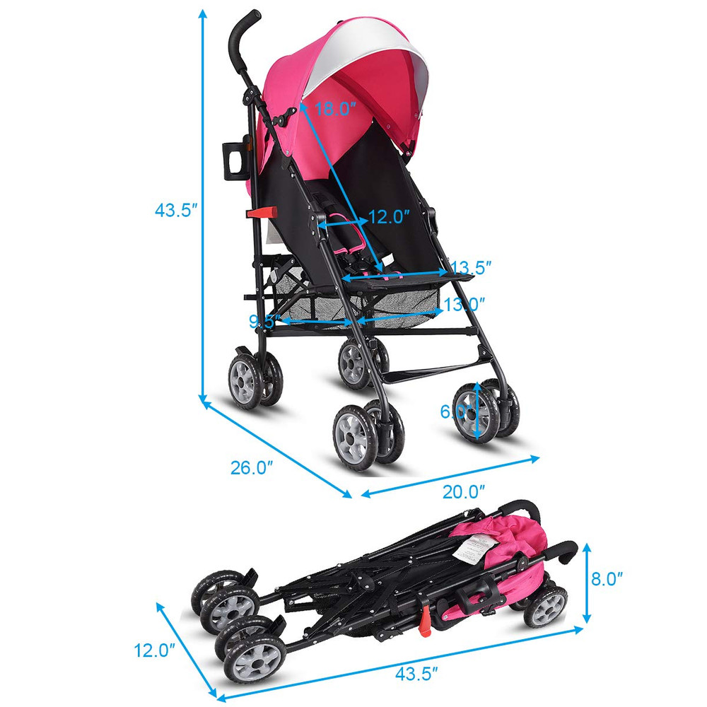 Compact Lightweight Baby Stroller for Travel - Adjustable, Foldable, Pink