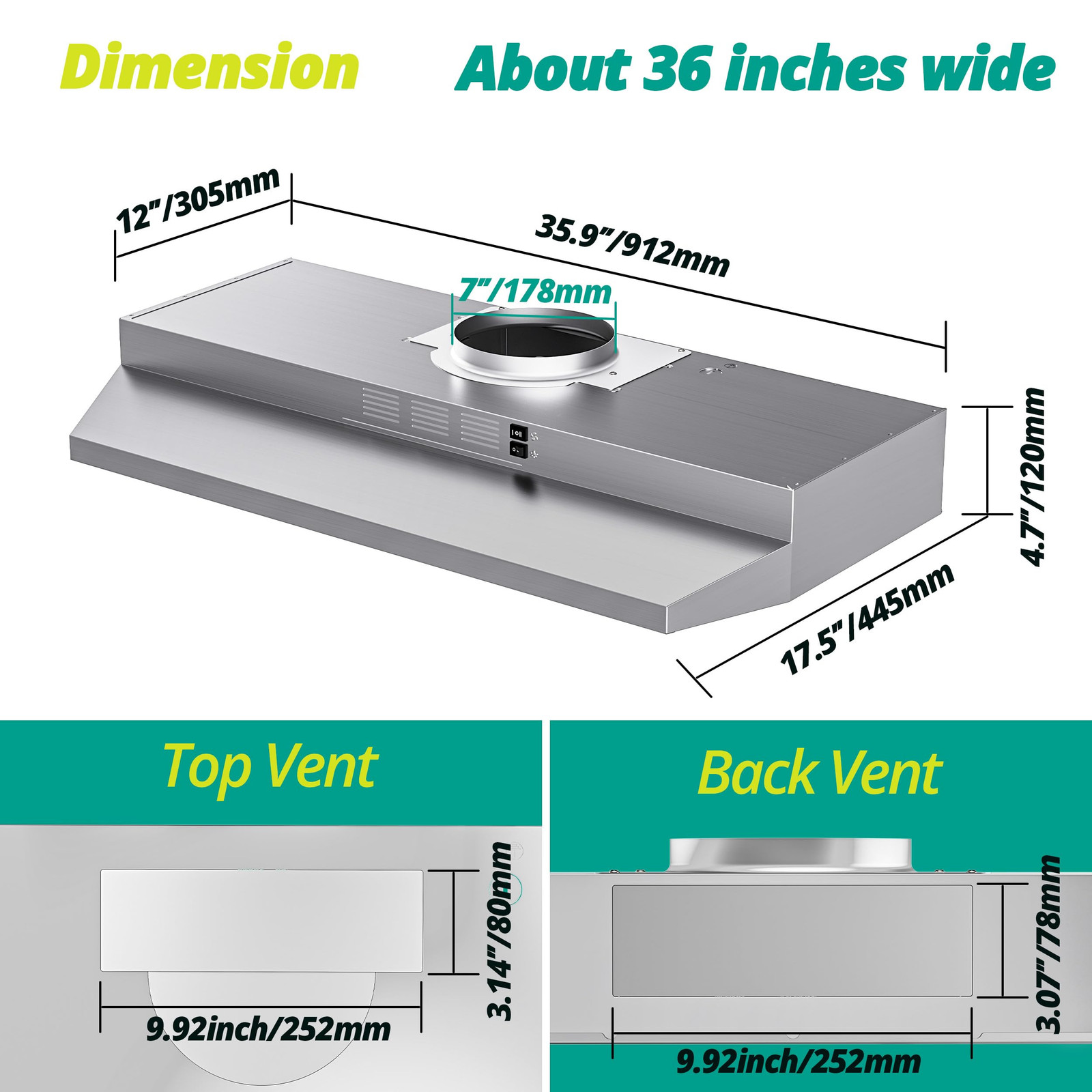 Campana Extractora De 36 Pulgadas Con Luz LED Para Cocina Debajo Del Gabinete