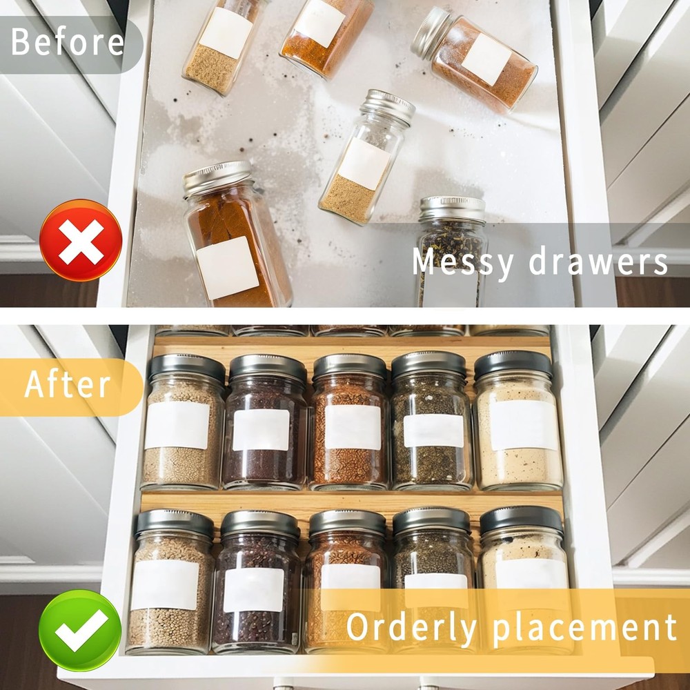 WodGod Bamboo Spice Rack Drawer Organizer - 4-Tier Stackable Kitchen Insert