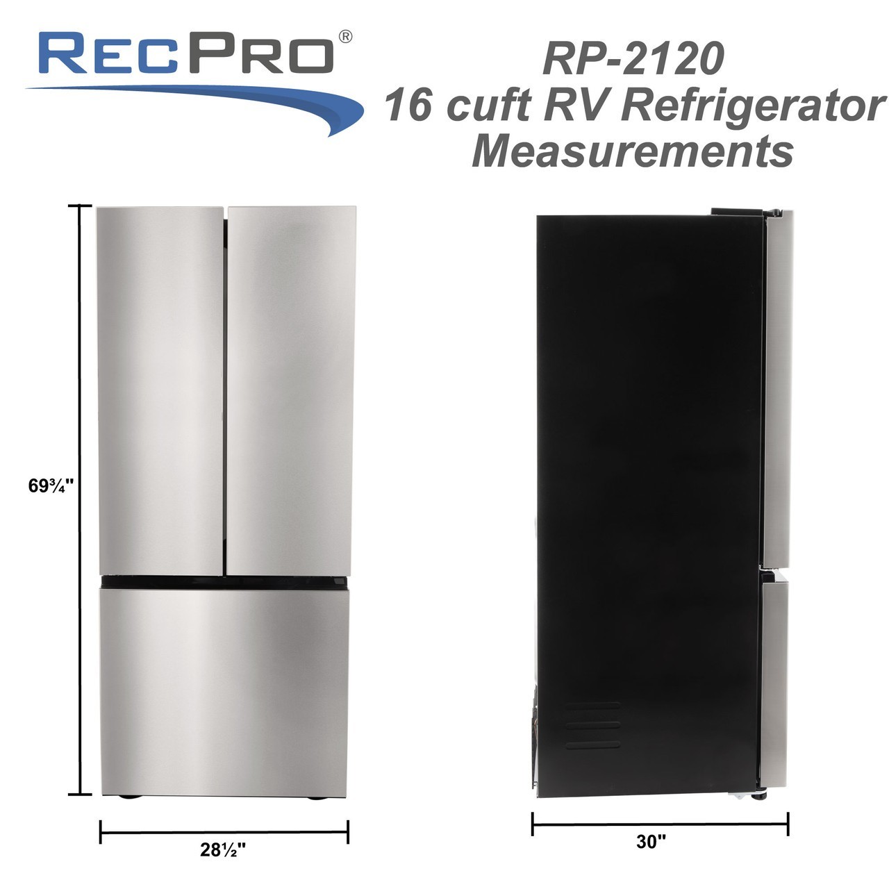 RecPro RV Refrigerator Stainless Steel | 16 Cubic Feet | 12-Volt | French Style