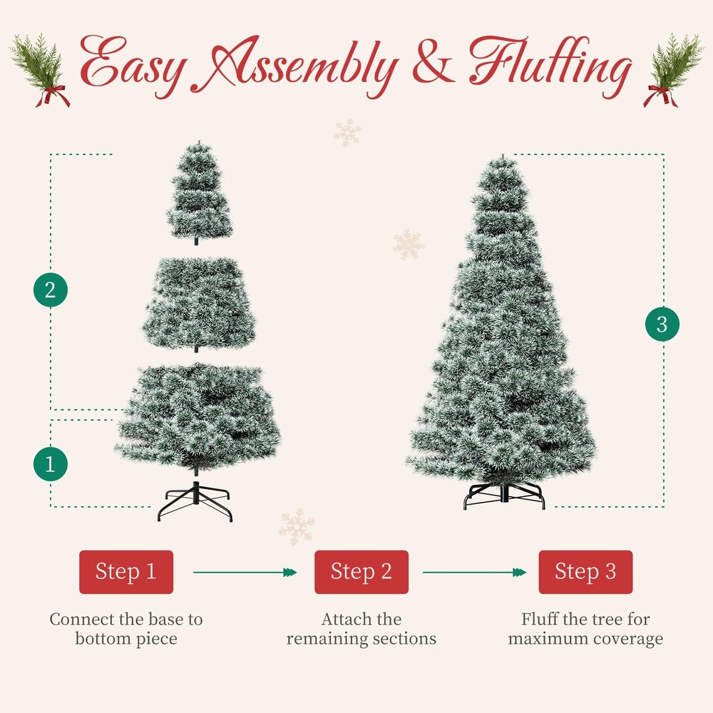 6ft Pre-lit Snow Flocked Artificial Christmas Tree, Prelighted Artificial Hin...