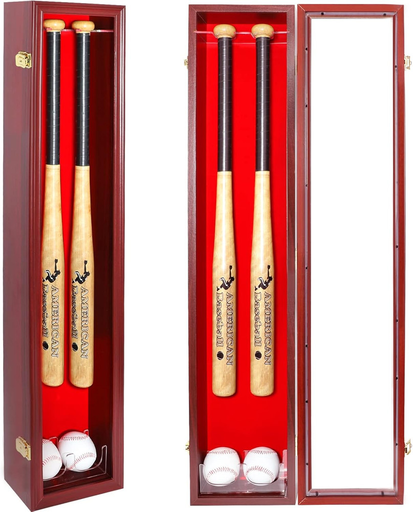 2 Baseball Bat Display Case Wall Mount - Vertical/Horizontal Cherry Wood Frame W