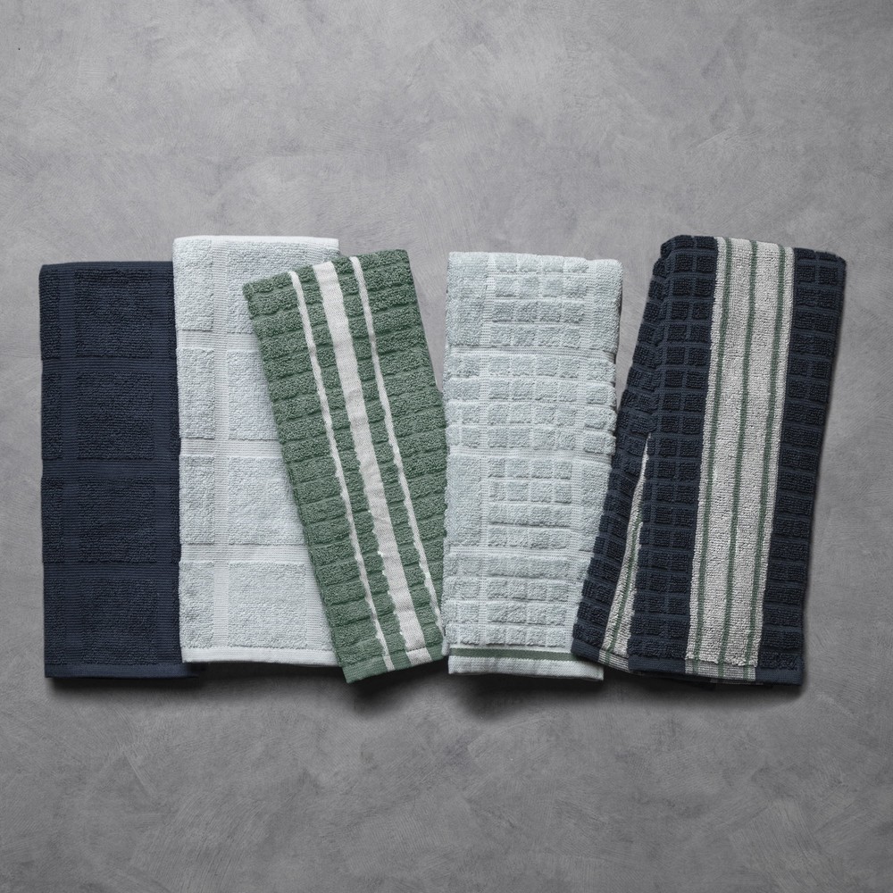 Kitchen Towels, Navy, Green, & White, 5 Pack Set,NEW！