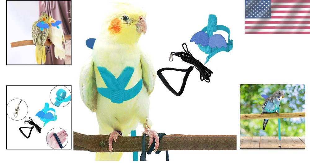 Light Blue Adjustable Bird Harness & Leash for Medium Parrots - Anti-Bite Design