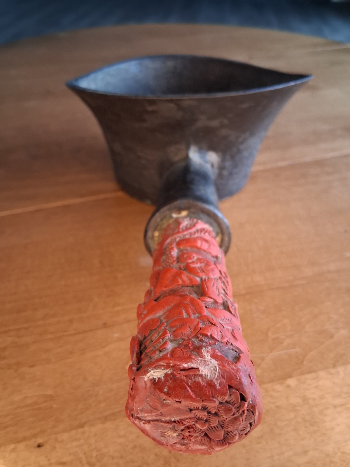 Antique 12" Big Chinese Bronze Silk Iron w/ Carved Cinnabar Handle, Hole Shown