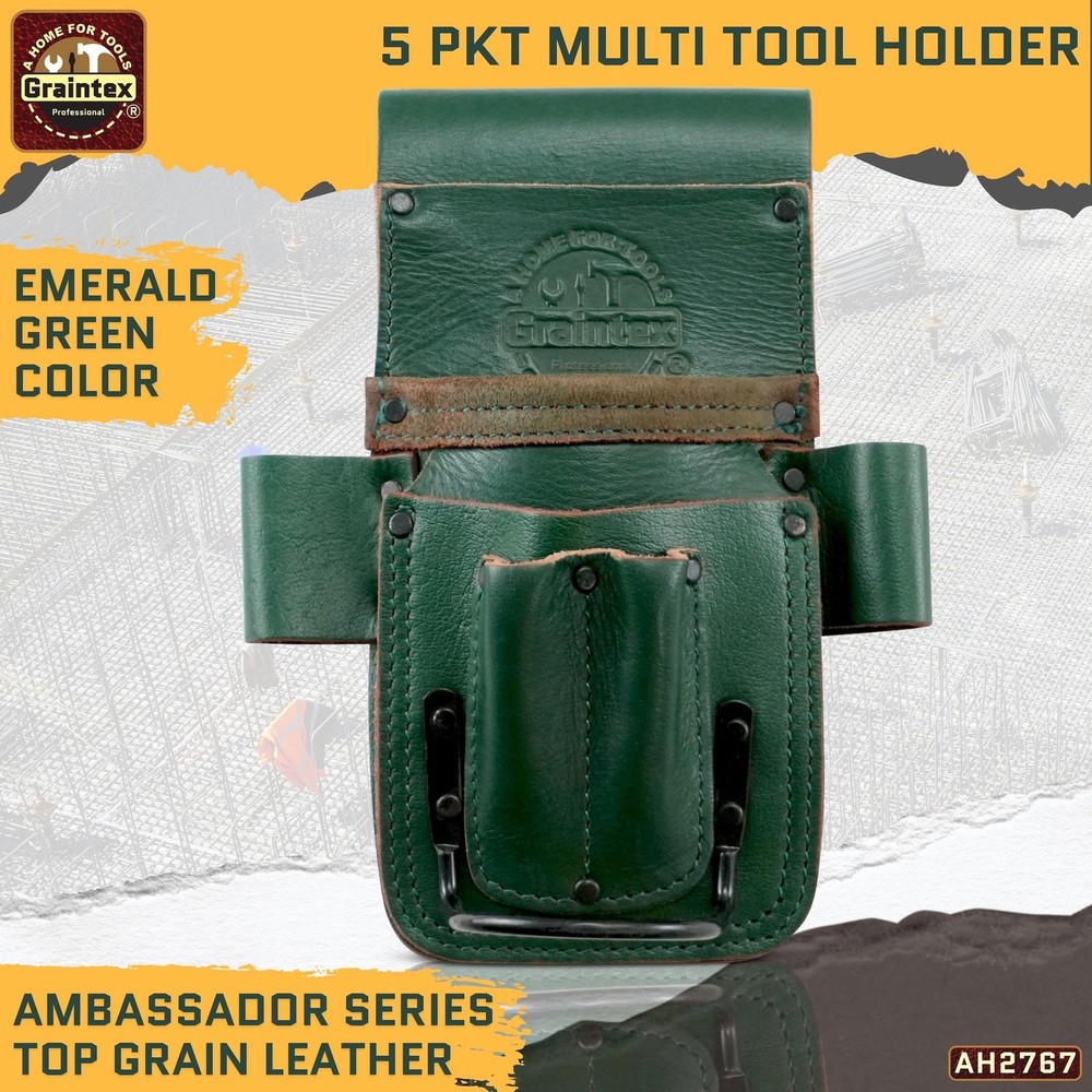 Graintex Multi-Tool Pouch: Leather, 5-Pocket, Hammer Loop, Ideal for Pros