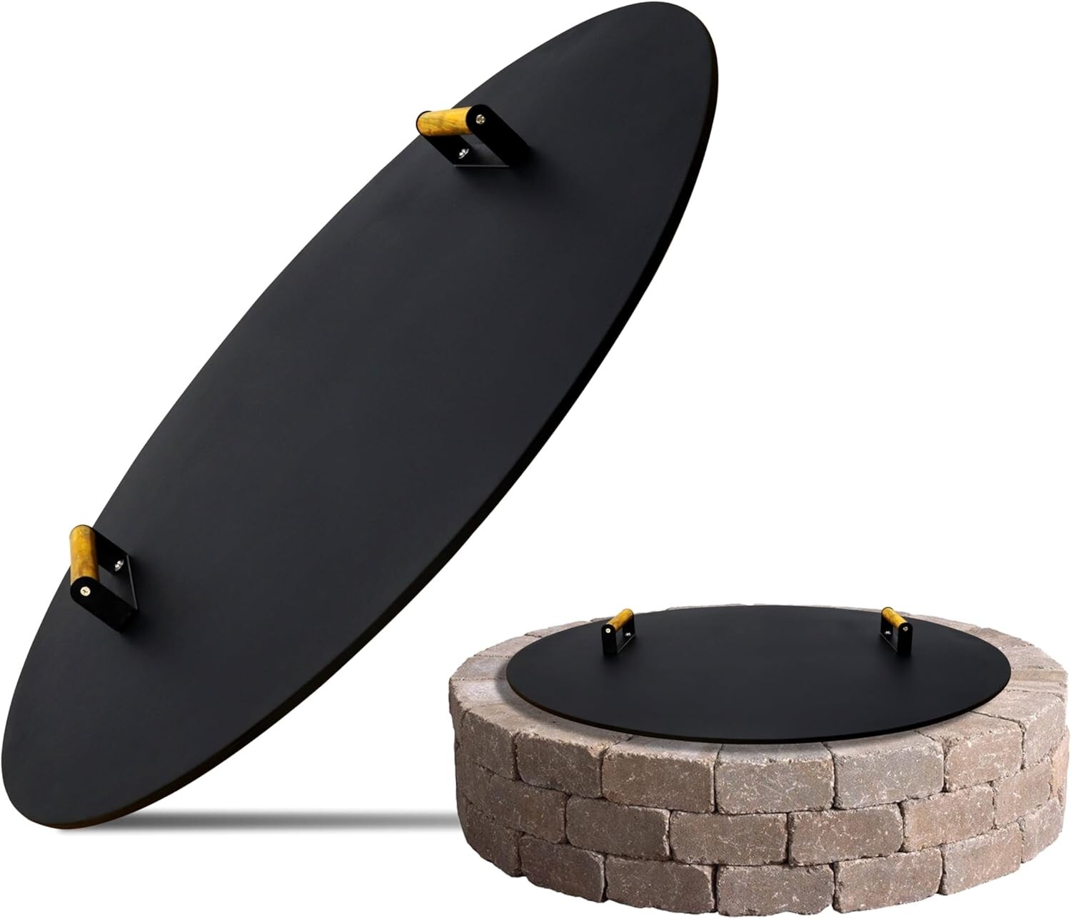 Fire Pit Lid 34 Inch – Round Metal Cover with Wooden Handles