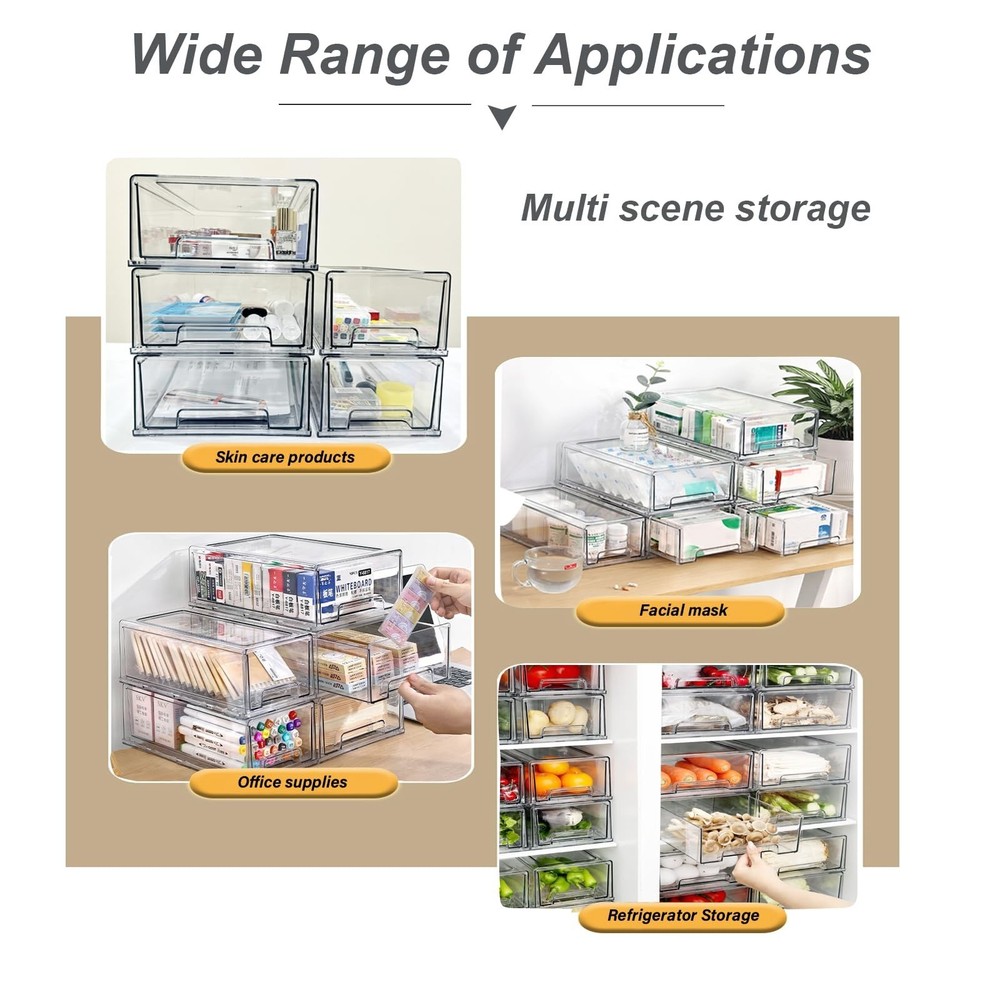 Stackable storage drawers, clear pull-out organizer with handles and non-slip...
