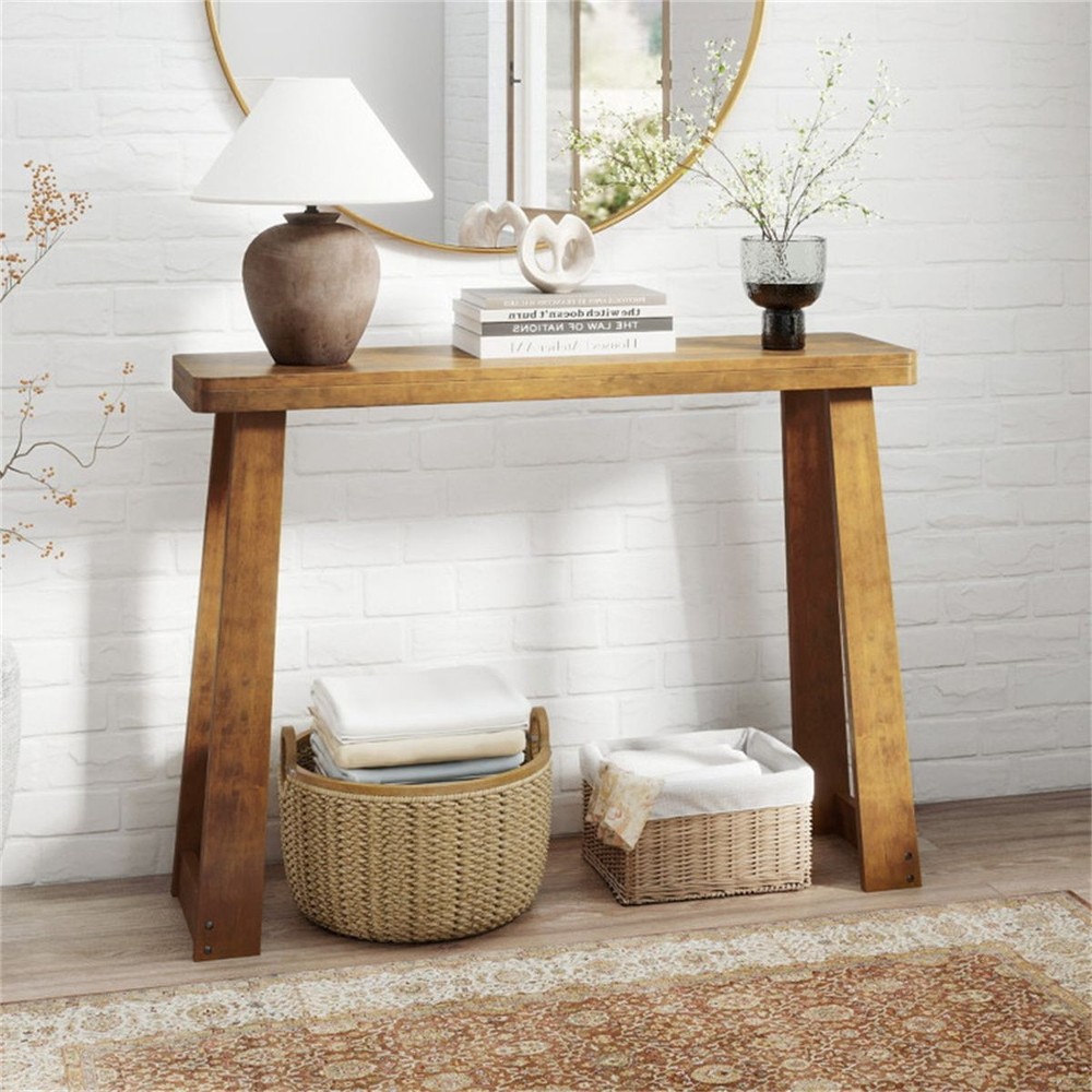 Walnut Solid Rubberwood Narrow Console Table, 43"Space-Saving Entryway Table