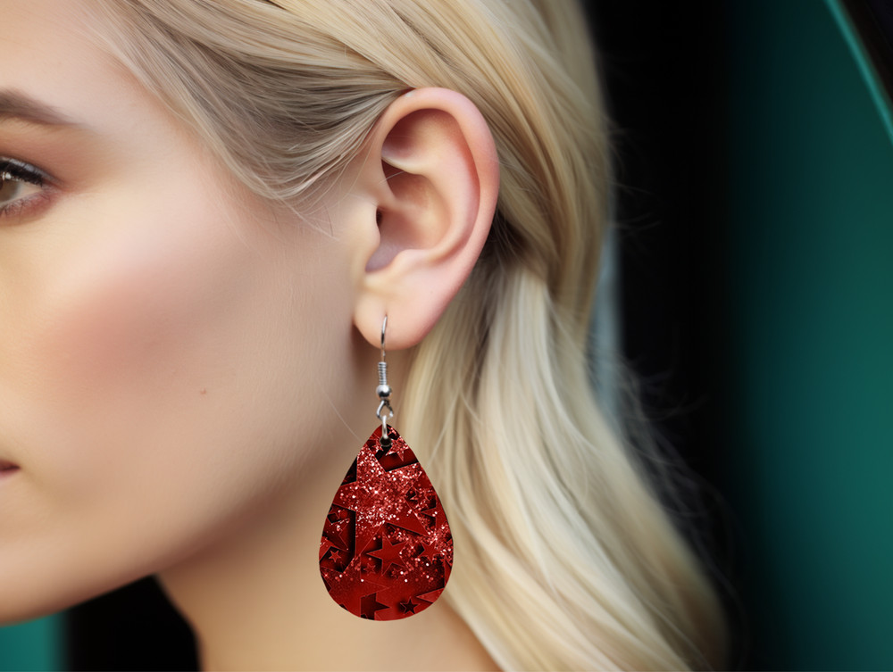 Red Glitter Star Teardrop Earrings