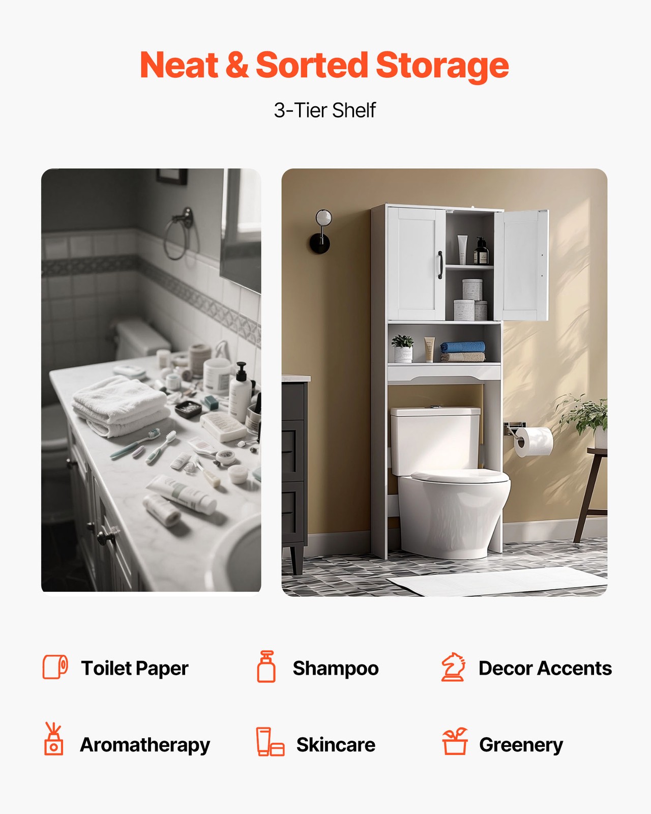 VEVOR Over The Toilet Storage Cabinet for Bathroom with Adjustable Shelf 65" H