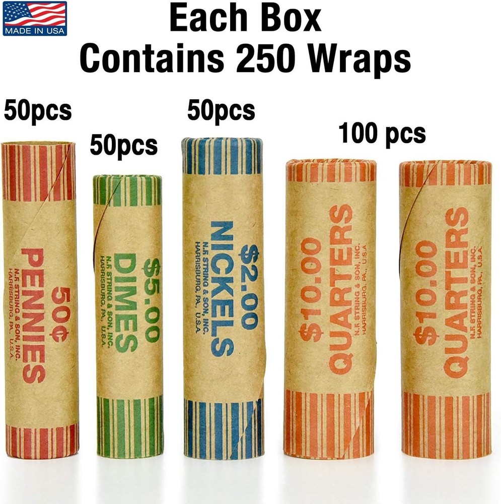Assorted 250 Coin Wrappers: 100 Quarters, 50 Dimes – Safe & Easy Packaging!