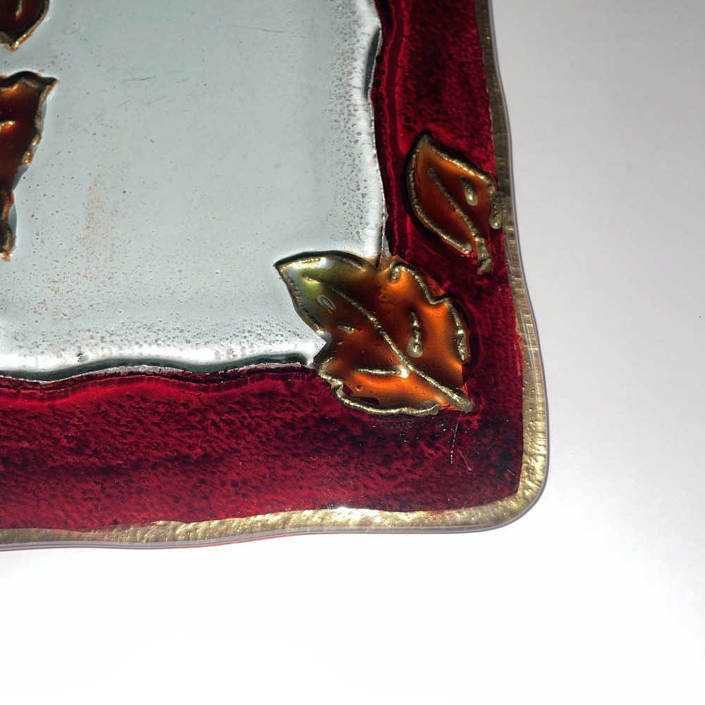 Fused Glass Tray Fall Leaf Pattern Rectangle Red & Brown Tones 12” x 8”