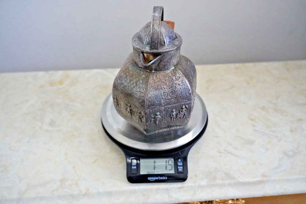 Antique EG Webster Silver Repoussé Pitcher Ornate with Rattan Handle