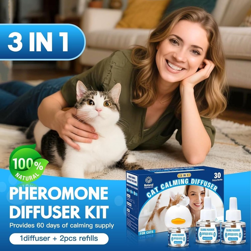 3-in-1 Kit Cat Appeasing Pheromone Diffuser to Calm 1 Plugin+2x48ml Refills f...