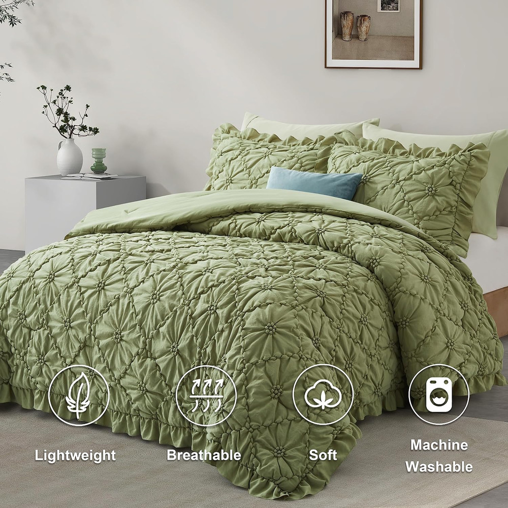 Queen Size Comforter Set 3PCS Bed Boho Down-Alternative Bedding Sage Green 90x88