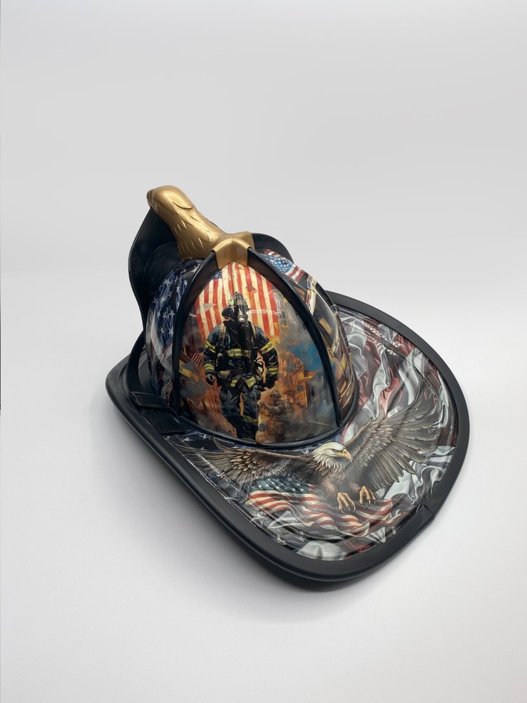 Custom Designed Painted Firefighter Helmet- Vinyl Wrap- Fireman Tribute