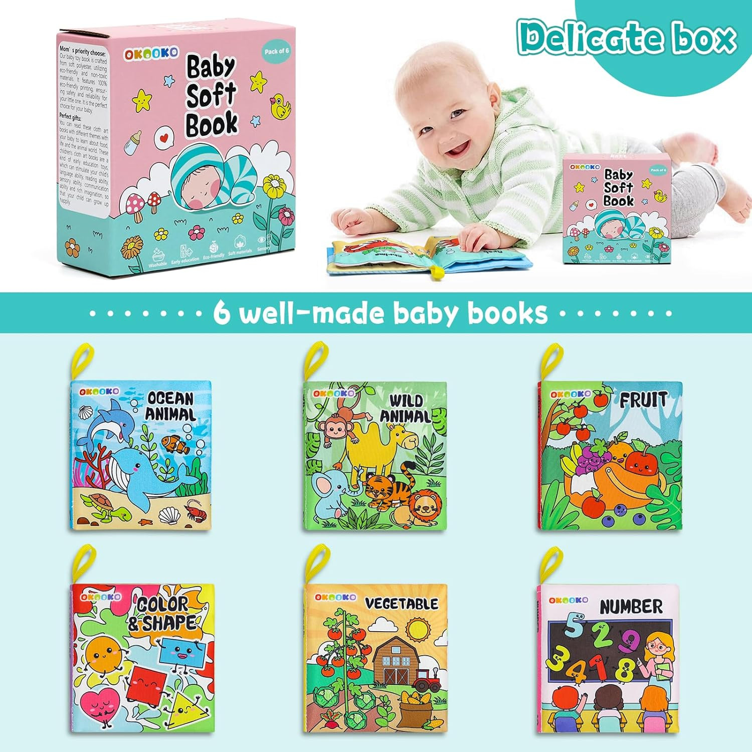Soft Baby Books 6PCS, Soft Cloth Books, Bath Books, Crinkle Washable, for Kids