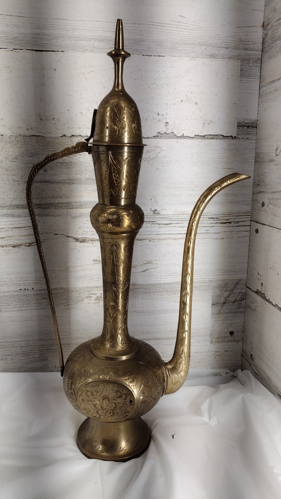 Large Etched Antique Middle Eastern Solid Brass Tea Coffee Pot Pitcher Vase 18IN