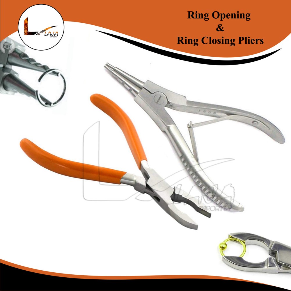 Set of 2 Ring Opening & Ring Closing Pliers Dip Orange Body Piercing Bead Tools