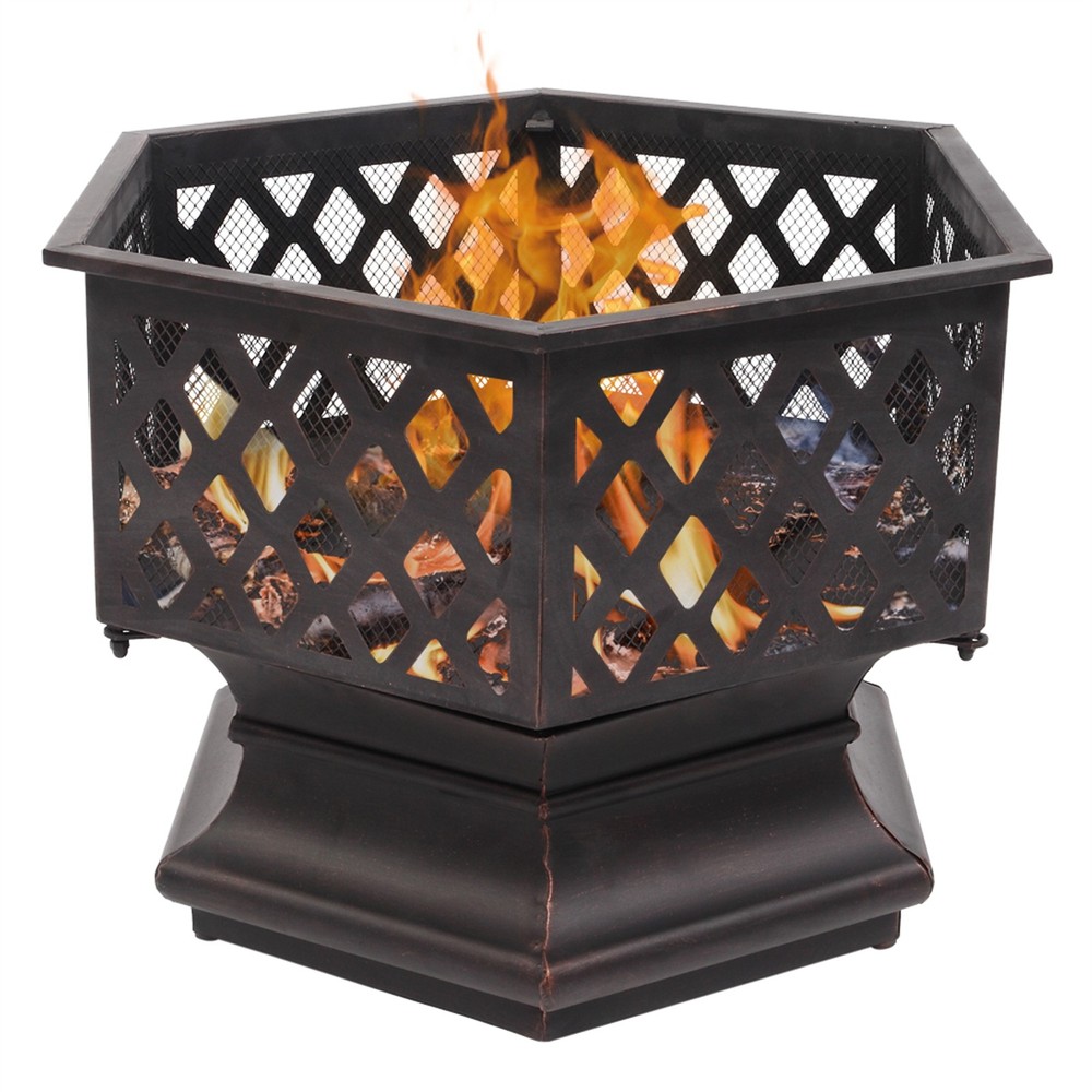 22" Hexagonal Shaped Iron Brazier Wood Burning Fire Pit Decoration