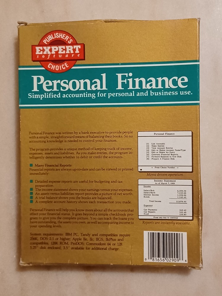 Expert Software Personal Finance for Apple IIe, e, gs, Commodore - Tested