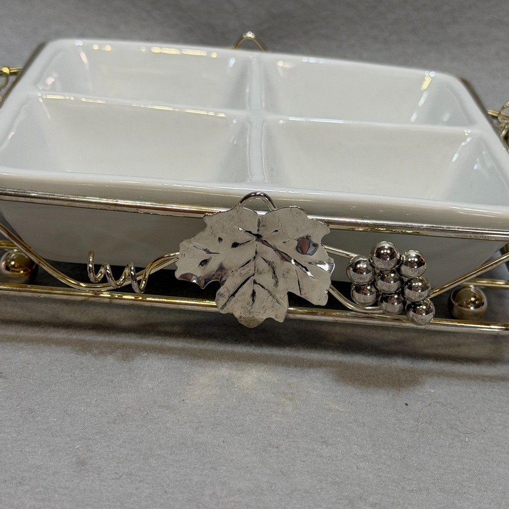 STUDIOSILVER Vintage Divided Ceramic Appetizer Dish Silver Metal Holder